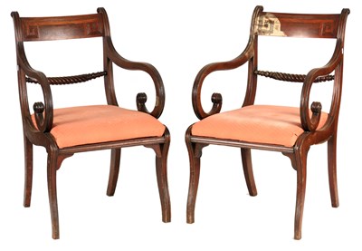 Lot 1062 - A PAIR OF REGENCY SABRE LEGGED OPEN ARMCHAIRS...