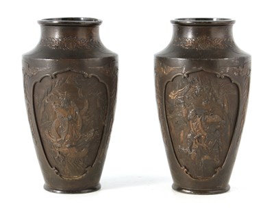 Lot 138 - A PAIR OF JAPANESE BRONZE WHITE METAL PANELLED...