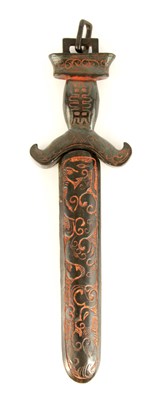 Lot 194 - A CHINESE SAGE GREEN JADE DAGGER with carved...