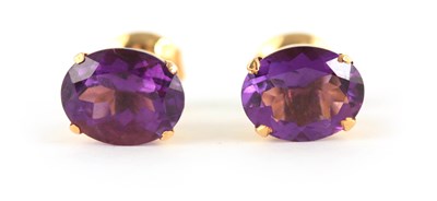 Lot 243 - A PAIR OF LADIES 18CT YELLOW GOLD AMETHYST...