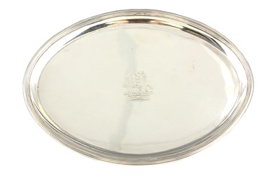 Lot 338 - A GEORGE III OVAL MOULDED EDGE SILVER SALVER...