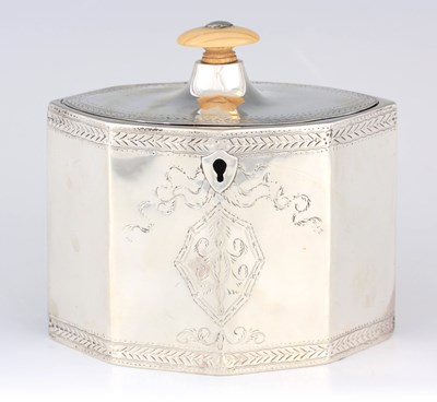 Lot 356 - A GEORGE III PANELLED OVAL SILVER TEA CADDY...