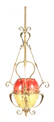 Lot 495 - AN ART NOUVEAU BRASS FRAMED HANGING GAS LIGHT...