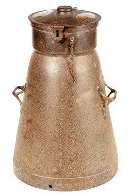 Lot 579 - A 19TH CENTURY IRON AND BRASS MOUNTED MILK...