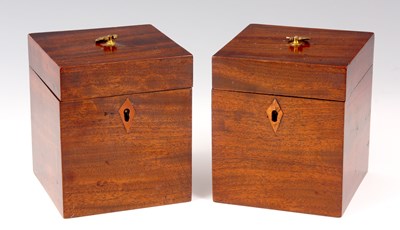 Lot 693 - A PAIR OF EARLY GEORGE III MAHOGANY SQUARE TEA...