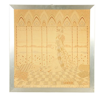 Lot 635 - AN ART DECO EMBROIDERED SCARFE depicting two...