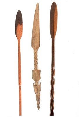 Lot 646 - THREE 19TH CENTURY AFRICAN HARDWOOD SPEARS one...