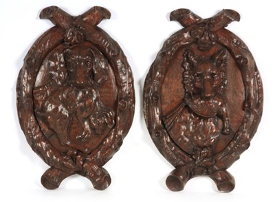 Lot 669 - A LARGE PAIR OF 19TH CENTURY CARVED OAK WALL...