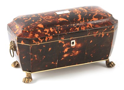 Lot 690 - A FINE REGENCY TORTOISESHELL DOUBLE TEA CADDY...