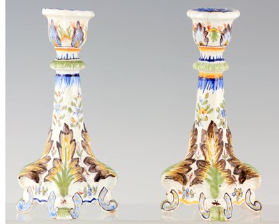 Lot 71 - A PAIR OF FRENCH FAIENCE POTTERY CANDLESTICKS...