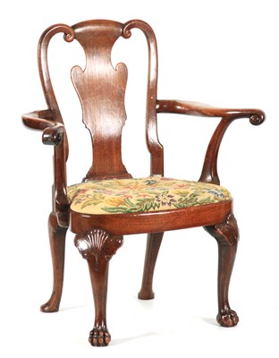 Lot 981 - A FINE GEORGE I WALNUT OPEN ARMCHAIR with...