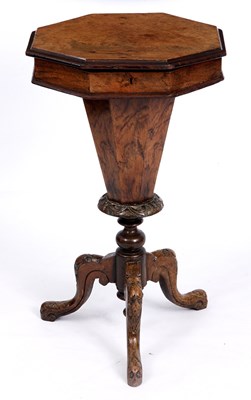 Lot 718 - A VICTORIAN BURR WALNUT OCTAGONAL SEWING BOX...