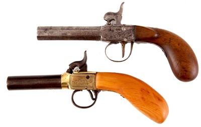 Lot 379 - TWO GEORGE III POCKET PISTOLS, one being brass...