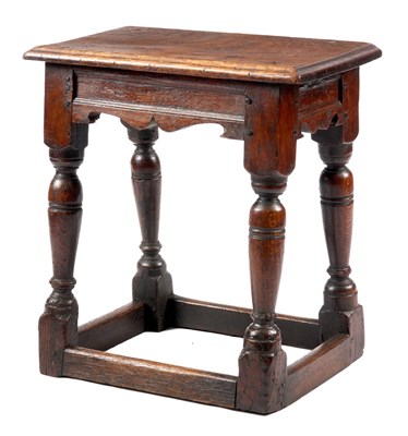 Lot 733 - AN 18TH CENTURY OAK JOINT STOOL of pegged...