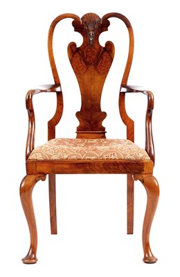 Lot 749 - A QUEEN ANNE STYLE WALNUT OPEN ARM CHAIR the...