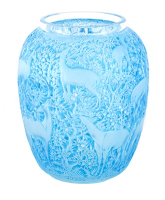Lot 20 - R LALIQUE, A BLUE STAINED ‘BICHES' GLASS VASE...
