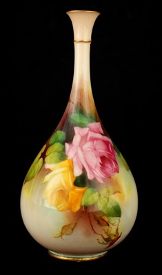 Lot 290 - A ROYAL WORCESTER ROSE DECORATED BOTTLE VASE...