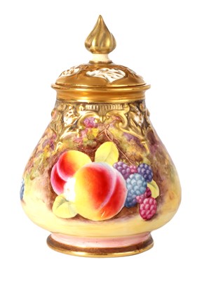 Lot 291 - A ROYAL WORCESTER FRUIT PAINTED POTPOURRI VASE...