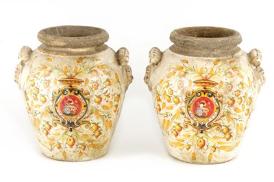 Lot 303 - A PAIR OF EARLY ITALIAN EARTHENWARE ARMORIAL...