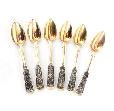 Lot 369 - A SET OF SIX RUSSIAN SILVER GILT NIELLO...