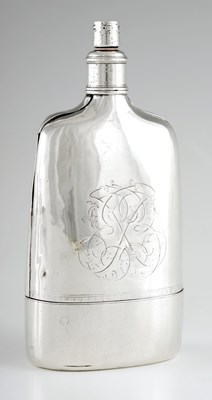 Lot 370 - A RARE GEORGE II SILVER HIP FLASK of unusual...