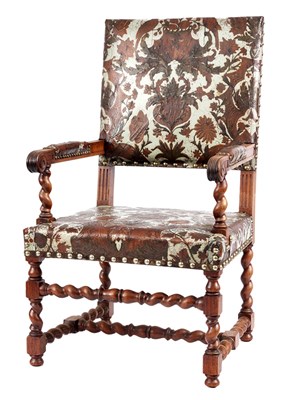 Lot 786 - A 17TH CENTURY STYLE WALNUT OPEN ARMCHAIR OF...