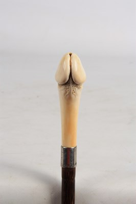 Lot 545 - A 19TH CENTURY PHALLIC IVORY HANDLED WALKING...