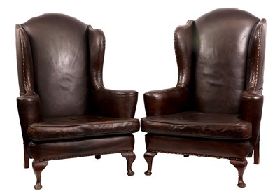 Lot 829 - A PAIR OF GEORGE I STYLE OAK BROWN LEATHERED...