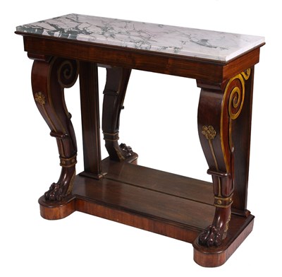 Lot 848 - A REGENCY ROSEWOOD AND GILT CONSOLE TABLE with...