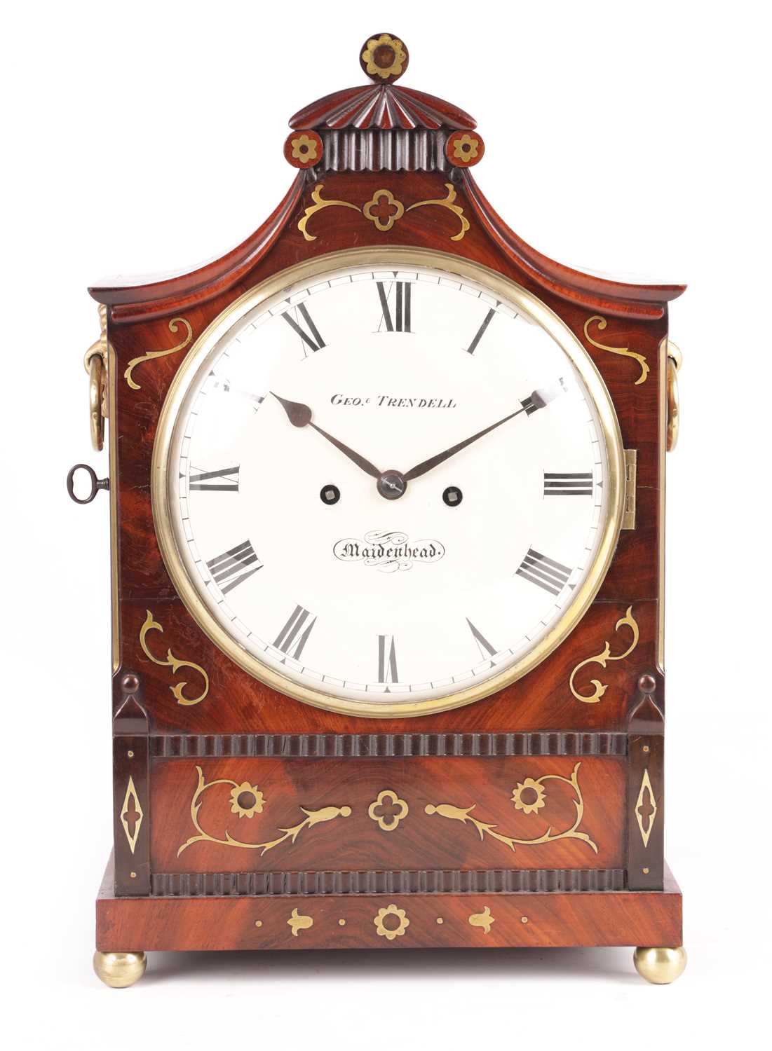 Lot 825 - GEORGE TRENDELL, MAIDENHEAD  A REGENCY BRASS INLAID MAHOGANY BRACKET CLOCK