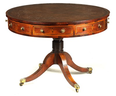 Lot 1010 - A GOOD REGENCY FIGURED ROSEWOOD AND BRASS INLAID DRUM TABLE