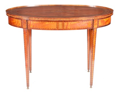 Lot 1117 - A GEORGE III OVAL INLAID MAHOGANY AND SATINWOOD PANELLED CENTRE TABLE