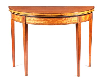 Lot 1060 - A FINE GEORGE III SHERATON FIGURED SATINWOOD AND KINGWOOD CROSS-BANDED DEMI LUNE CARD TABLE