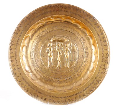 Lot 620 - A LARGE 16TH CENTURY NUREMBERG BRASS ADAM AND EVE ALMS DISH