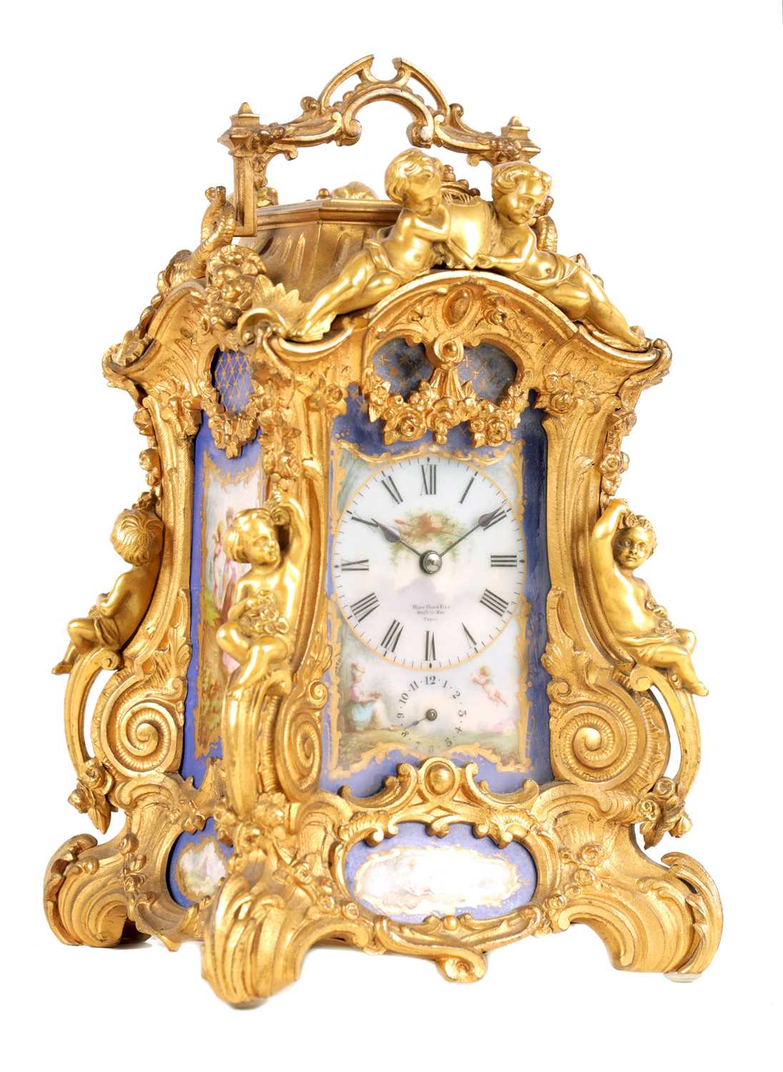 Lot 778 - DROCOURT (CIRCA 1860)  A FINE AND RARE MID 19TH CENTURY FRENCH GILT BRASS AND SEVRES STYLE PORCELAIN PANELLED ROCOCO REPEATING CARRIAGE CLOCK