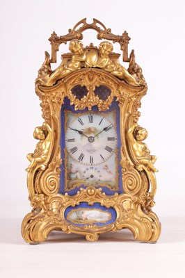 Lot 778 - DROCOURT (CIRCA 1860)  A FINE AND RARE MID 19TH CENTURY FRENCH GILT BRASS AND SEVRES STYLE PORCELAIN PANELLED ROCOCO REPEATING CARRIAGE CLOCK