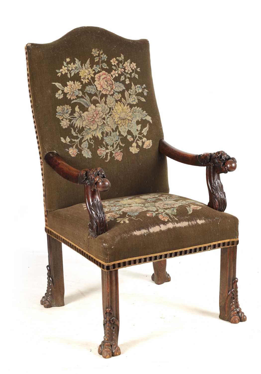 Lot 979 - AN UNUSUAL 19TH CENTURY GOTHIC STYLE OAK TAPESTRY UPHOLSTERED ARMCHAIR