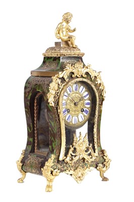 Lot 803 - A 19TH CENTURY FRENCH GREEN TORTOISESHELL AND BRASS INLAID BOULLE MANTEL CLOCK