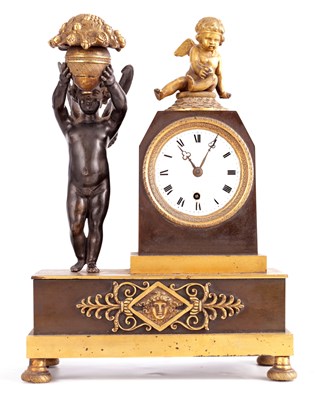 Lot 900 - F. BAETENS, 23 GERRARD STREET, LONDON  A REGENCY BRONZE AND ORMOLU FUSEE FIGURAL MANTEL CLOCK