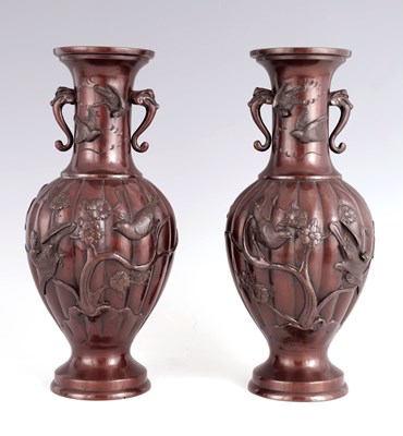 Lot 116 - A PAIR OF JAPANESE MEIJI PERIOD BRONZE SHAPED OVAL VASES