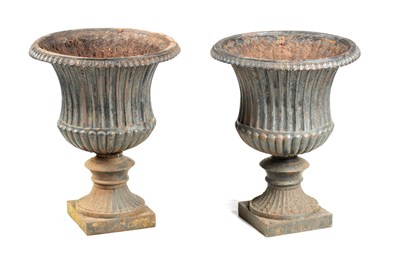 Lot 963 - A PAIR OF 19TH CENTURY CAST IRON CAMPANA GARDEN URNS