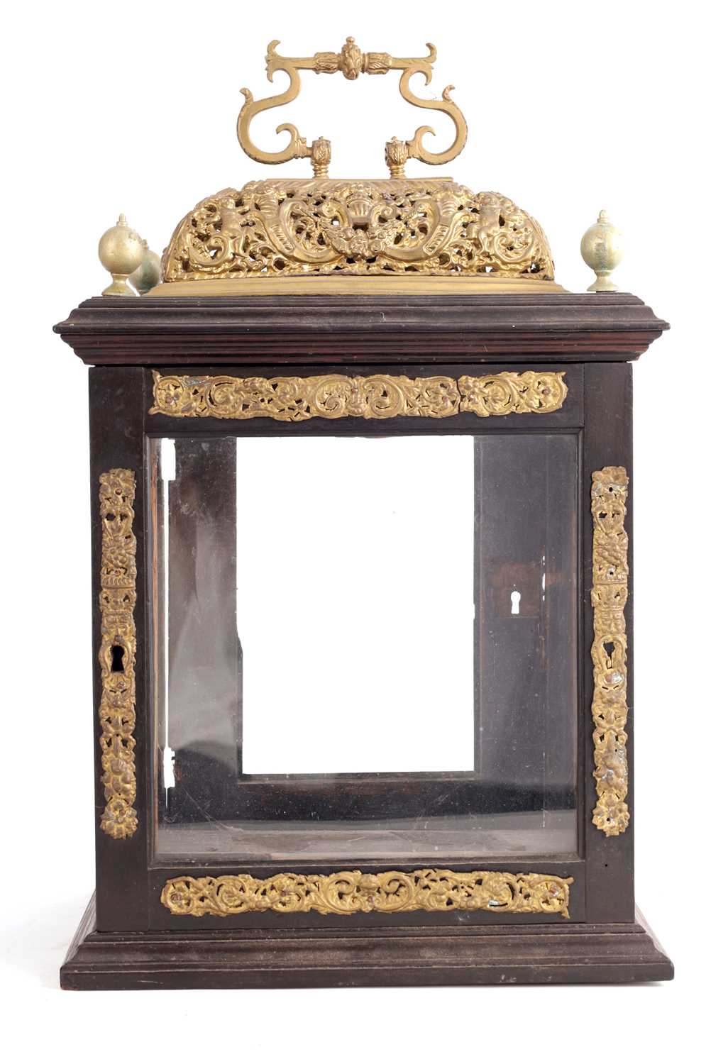 Lot 888 - A WILLIAM AND MARY EBONISED BASKET TOP BRACKET CLOCK CASE