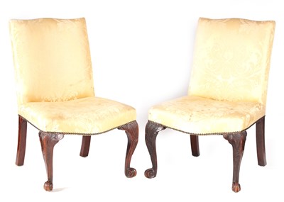 Lot 1052 - A PAIR OF GEORGE III MAHOGANY IRISH STYLE UPHOLSTERED SIDE CHAIRS