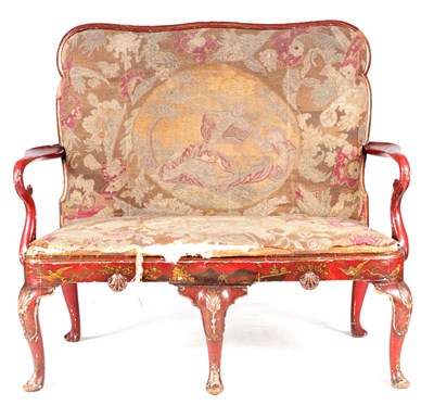 Lot 1007 - A QUEEN ANNE STYLE SCARLET LACQUER AND CHINOISERIE DECORATED TWO SEATER SETTEE