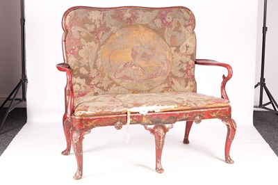 Lot 1007 - A QUEEN ANNE STYLE SCARLET LACQUER AND CHINOISERIE DECORATED TWO SEATER SETTEE