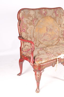 Lot 1007 - A QUEEN ANNE STYLE SCARLET LACQUER AND CHINOISERIE DECORATED TWO SEATER SETTEE