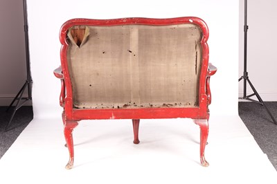 Lot 1007 - A QUEEN ANNE STYLE SCARLET LACQUER AND CHINOISERIE DECORATED TWO SEATER SETTEE