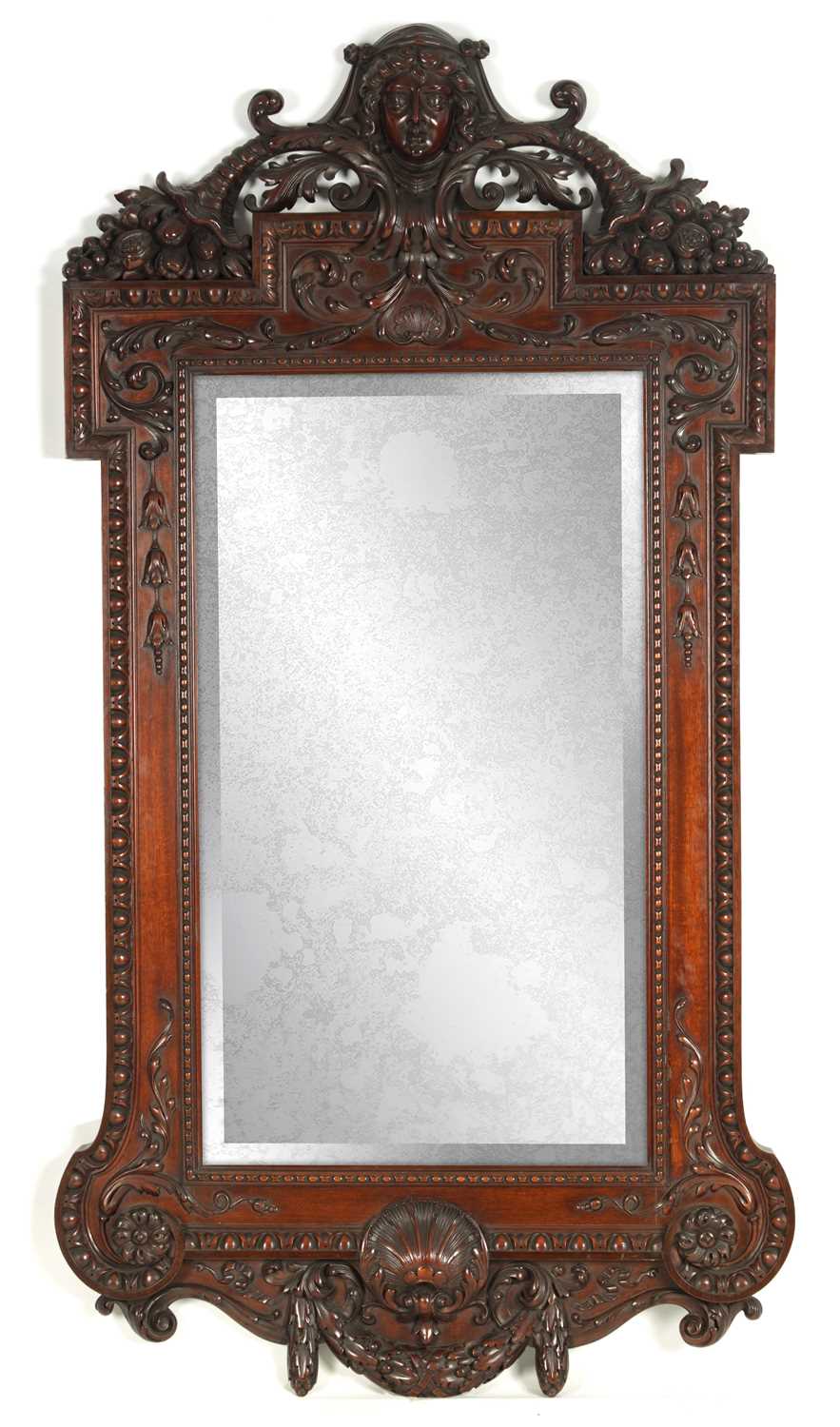 Lot 1022 - A GOOD QUALITY LATE 19TH CENTURY MAHOGANY HANGING MIRROR IN THE MANNER OF WILLIAM KENT PROBABLY BY WARING AND GILLOW