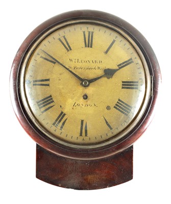 Lot 801 - WILLIAM LEONARD, LONDON. A LATE REGENCY FIGURED MAHOGANY 10" DROP DIAL WALL CLOCK