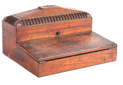 Lot 673 - A LATE REGENCY ROSEWOOD AND BRASS INLAID WRITING BOX